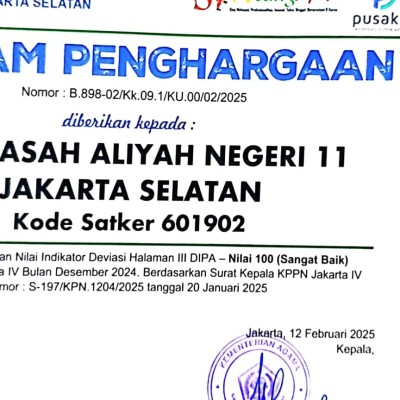 MAN 11 Jakarta  Raih Penghargaan Satuan Kerja Berpredikat Sangat Baik dari KPPN Jakarta IV