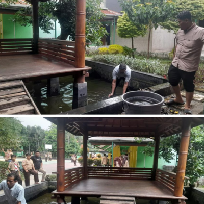 Kerja Bakti Membersihkan Kolam Ikan di Spot Foto Gazebo MTsN 29 Jakarta