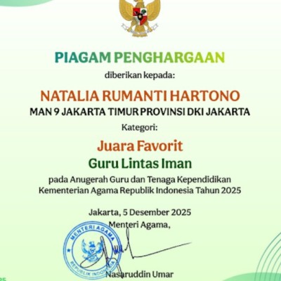 Guru PPKn MAN 9 Jakarta Timur Raih Juara Favorit Guru Lintas Iman Nasional 2025