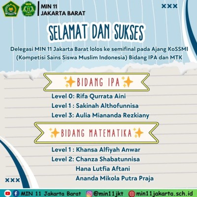 Siswa MIN 11 Jakarta Lolos Semifinal KoSSMI Bidang IPA dan Matematika
